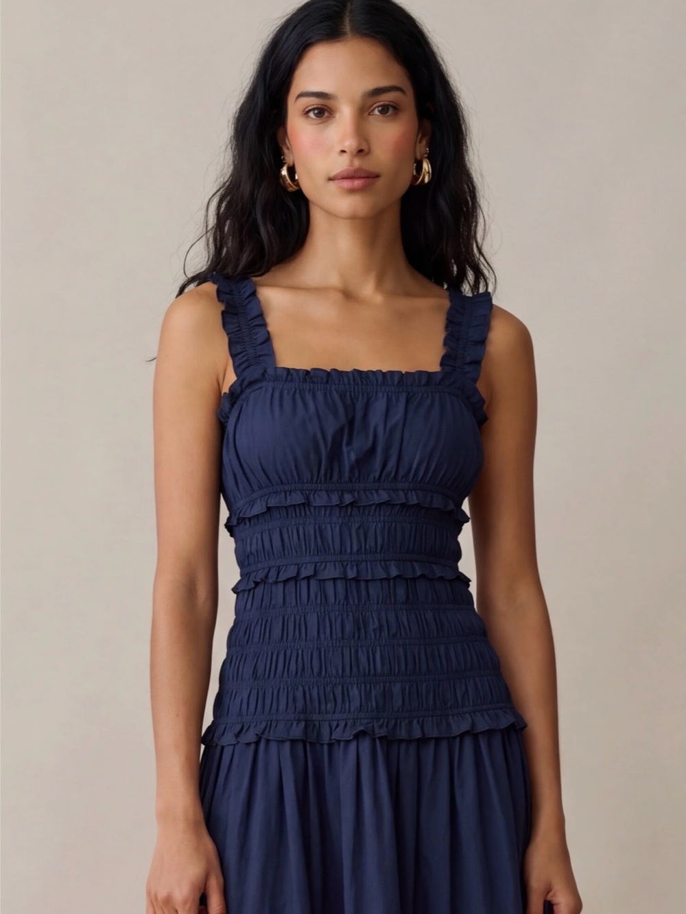 Few Moda O.P.T. Freya Navy Cotton Smocked Tiered Midi Dress. Sz M - Picture 3 of 3